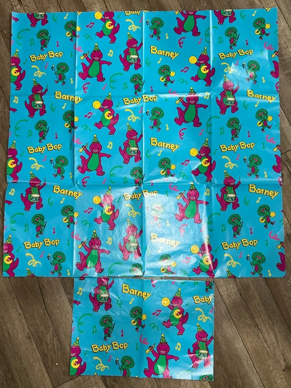 Barney & Baby Bop Birthday Wrapping Paper Sheet 30x30” Blue Character Print